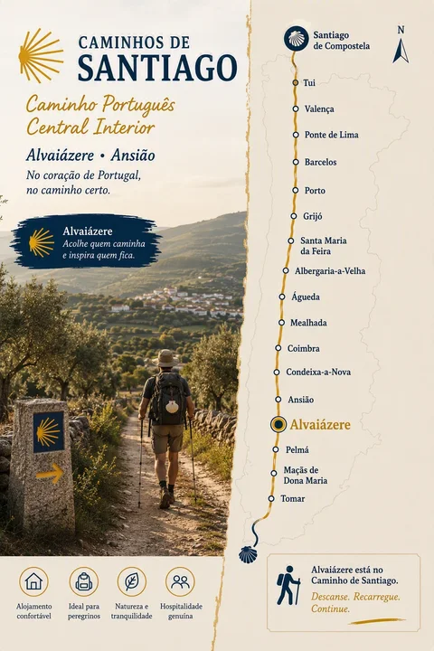 Mapa do Caminho Português Central Interior, de Alvaiázere e Ansião a Santiago de Compostela